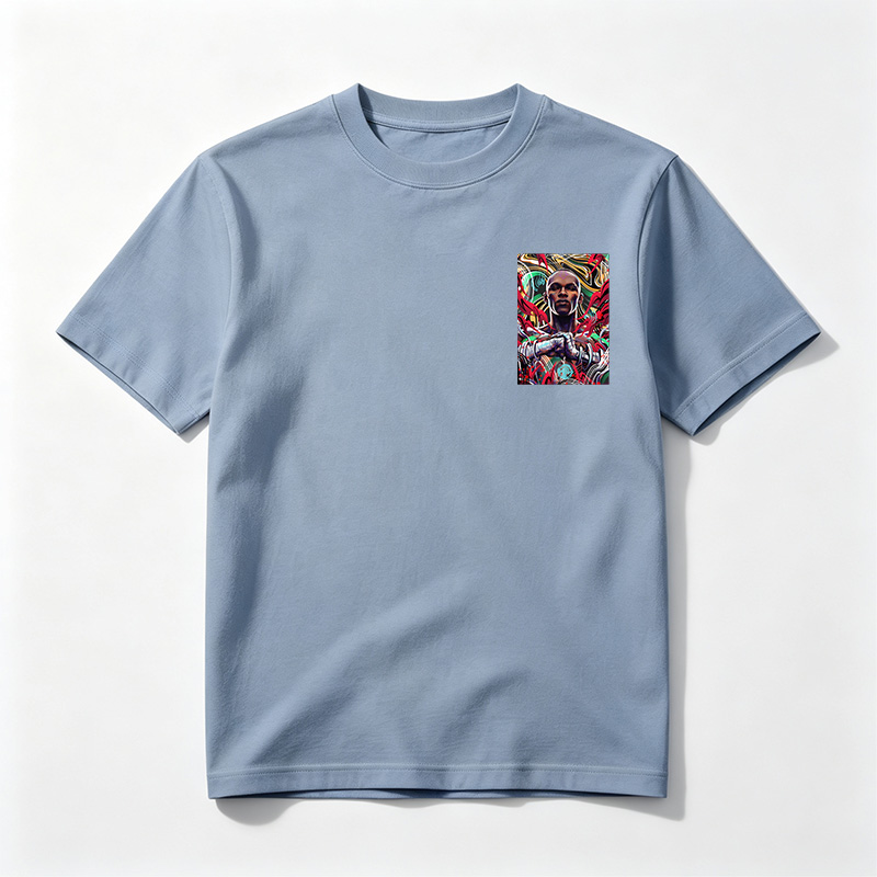 Abstract Portrait of a Futuristic Warrior with Vibrant, Dynamic Background - Tee
