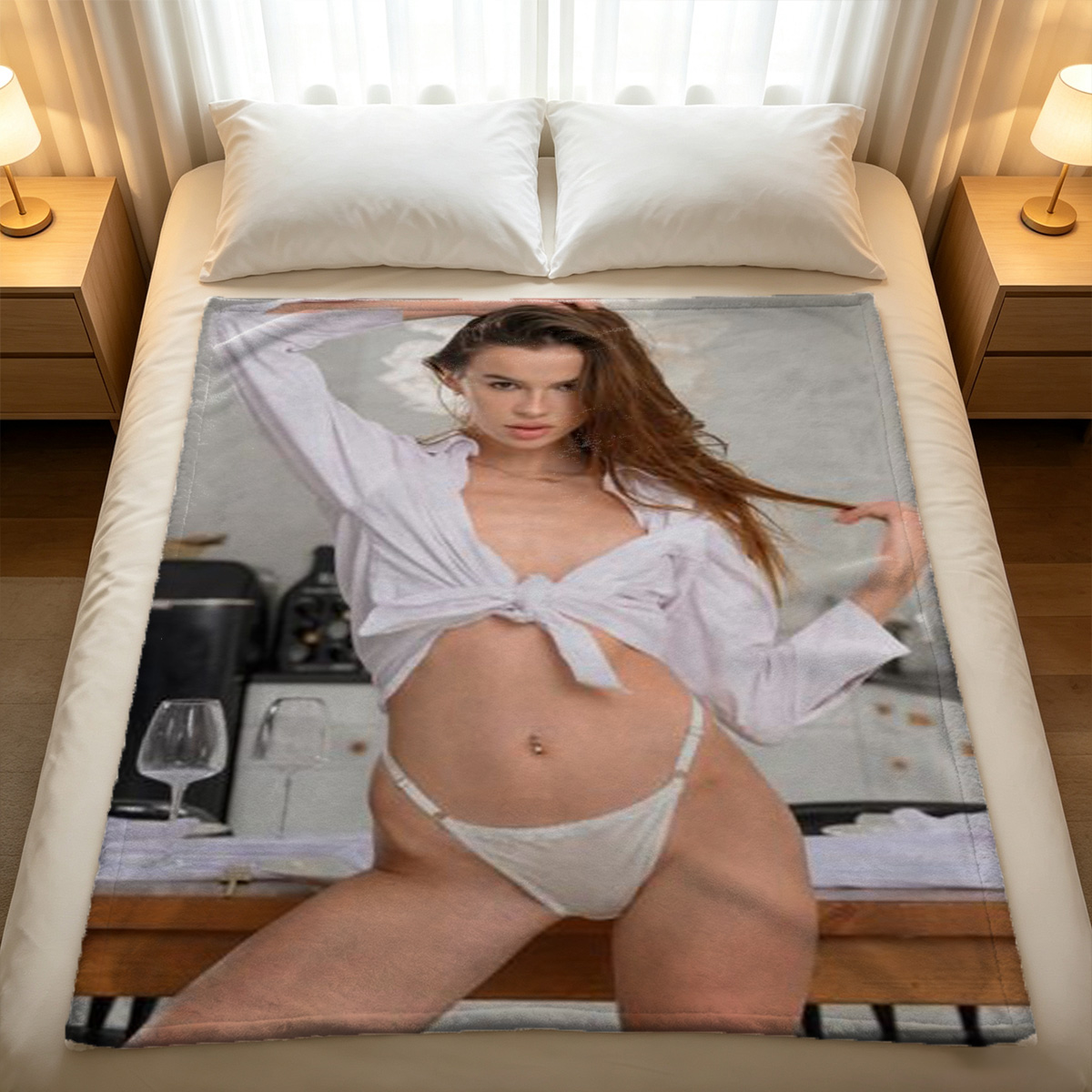 Redhead beauty in black stockings posing nude on vintage armchair - Blanket