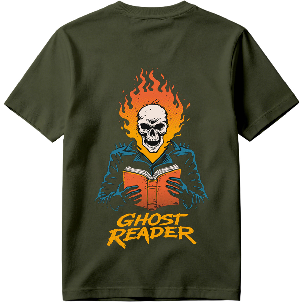 Ghost Reader: Skull with Flames Reading a Book - Tee