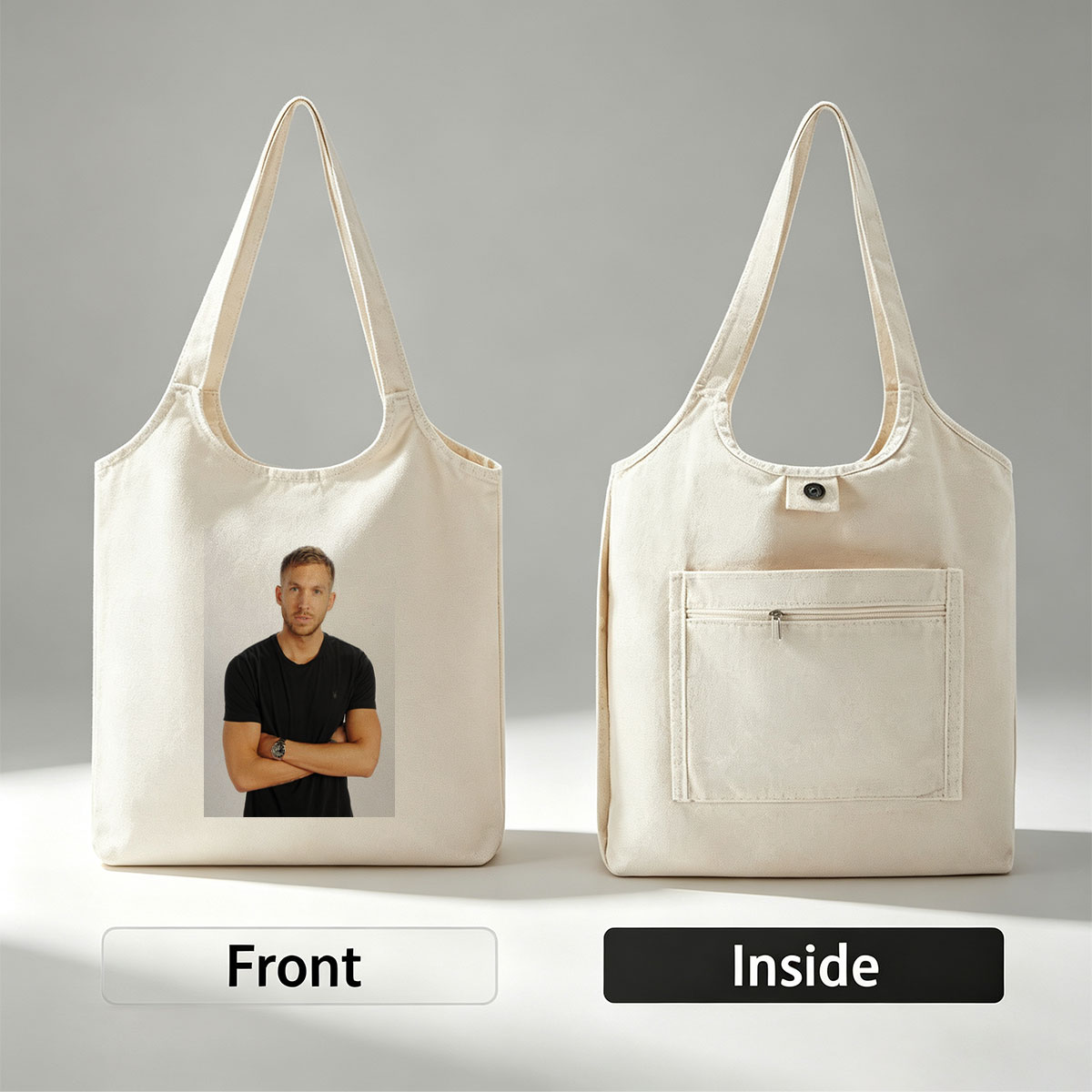 Calvin Harris Standing with Arms Crossed in Black T-Shirt Against White Background - Canvas shoulder bags/
