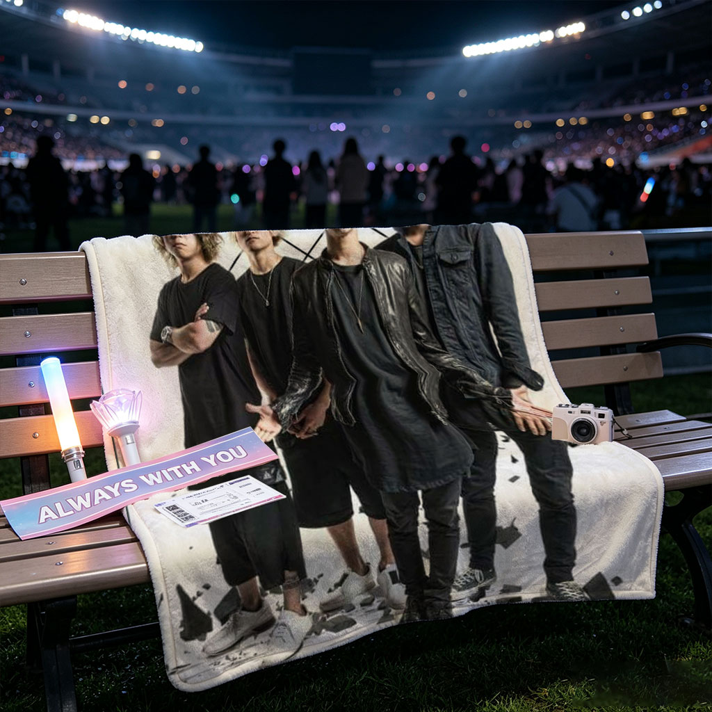 One Ok Rock Band Members Standing Together in Edgy Fashion with Broken Glass on White Background - Blankets