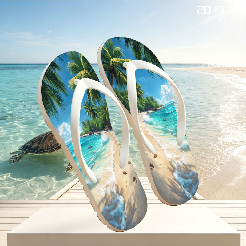 Tropical Beach with Palm Trees and Crystal Clear Water -  flip-flops
