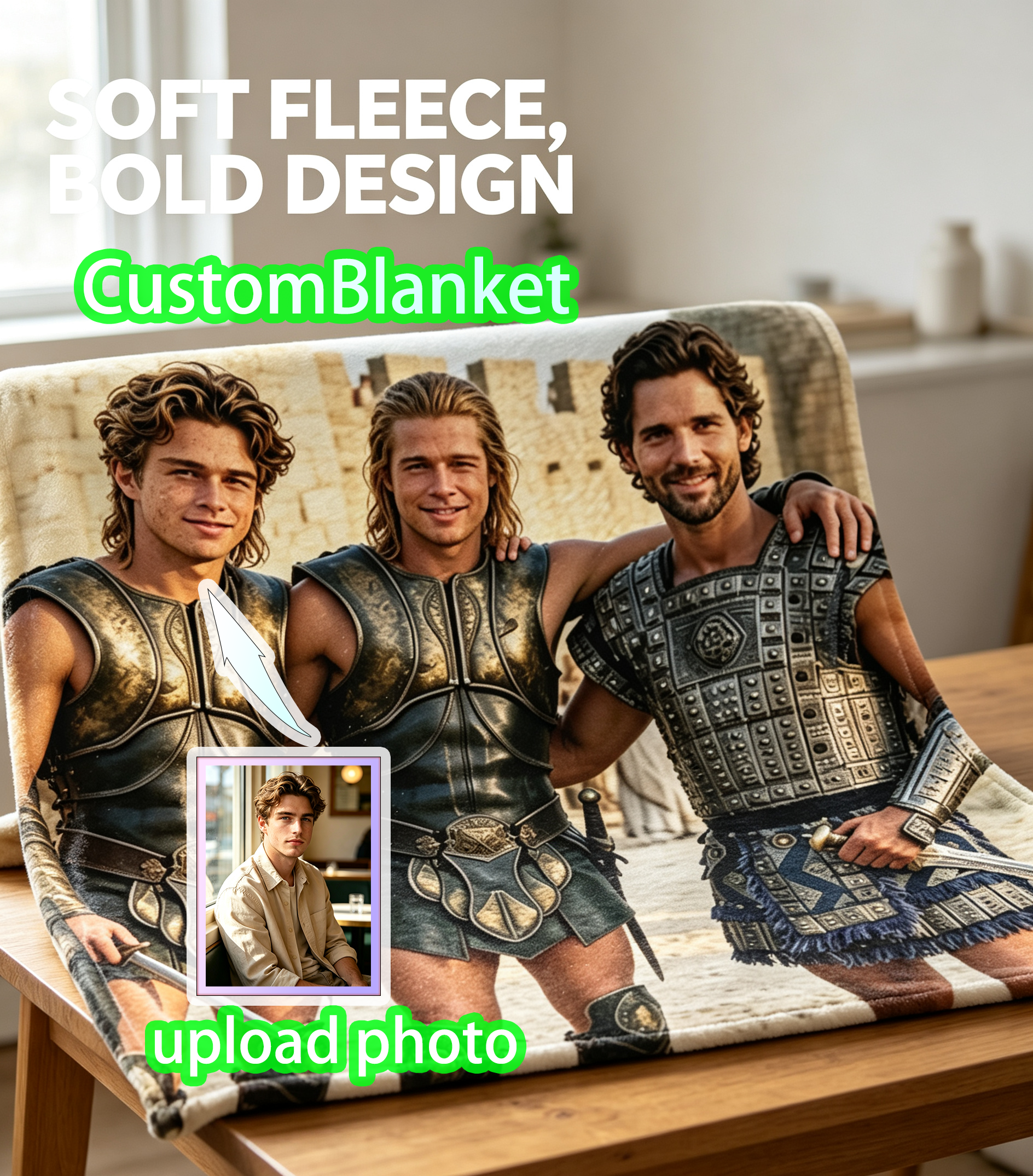 Custom Face Blanket Featuring Trojan Warriors from Historical Epic Film Flannel Blanket Perfect for Movie Fans and Ancient History Enthusiasts Ideal Gift or Giveaway for Birthdays and Holidays