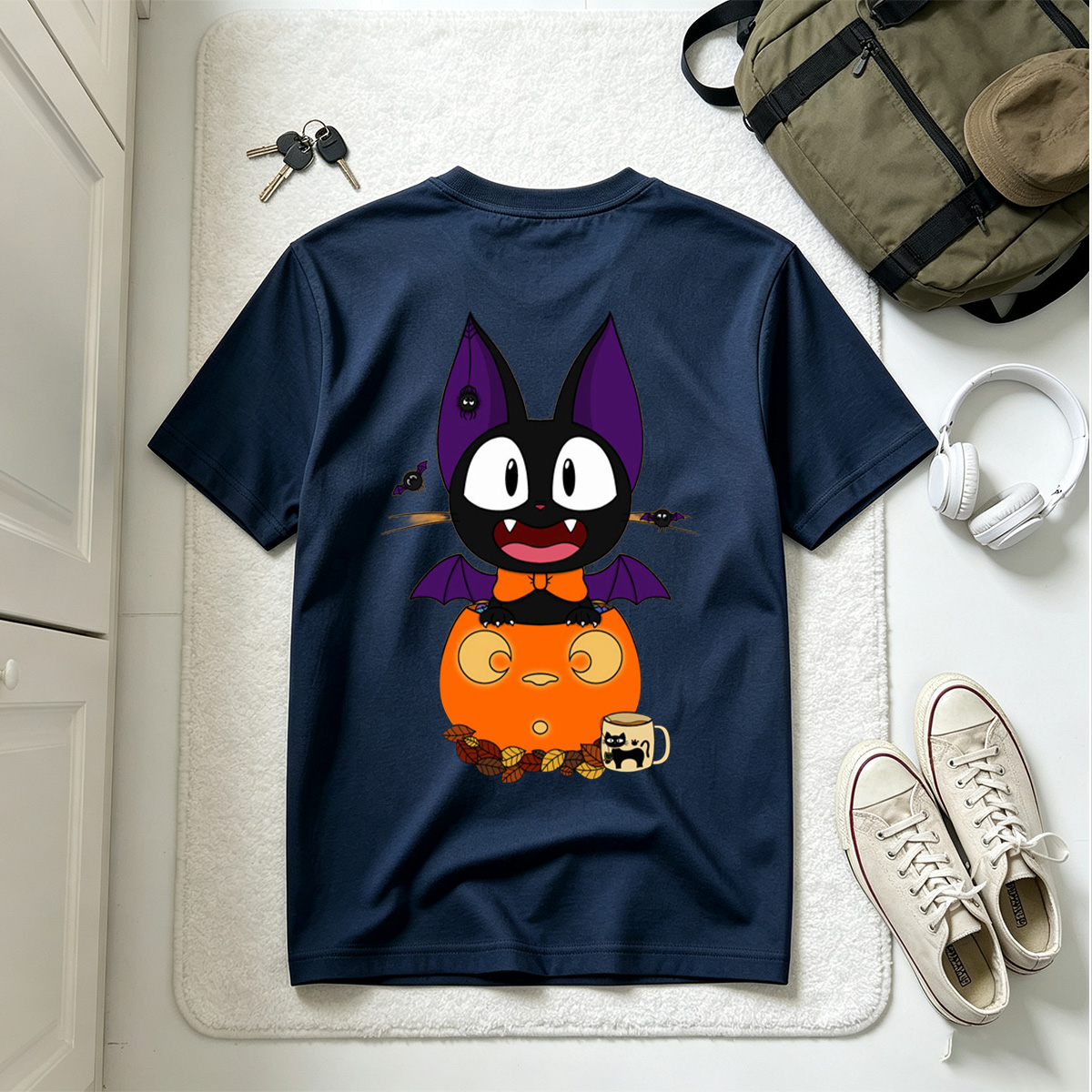Halloween Cat with Pumpkin and Bat Wings - Tee