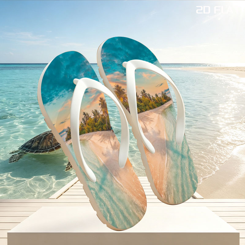 Tropical beach with crystal clear water and palm trees at sunset -  flip-flops