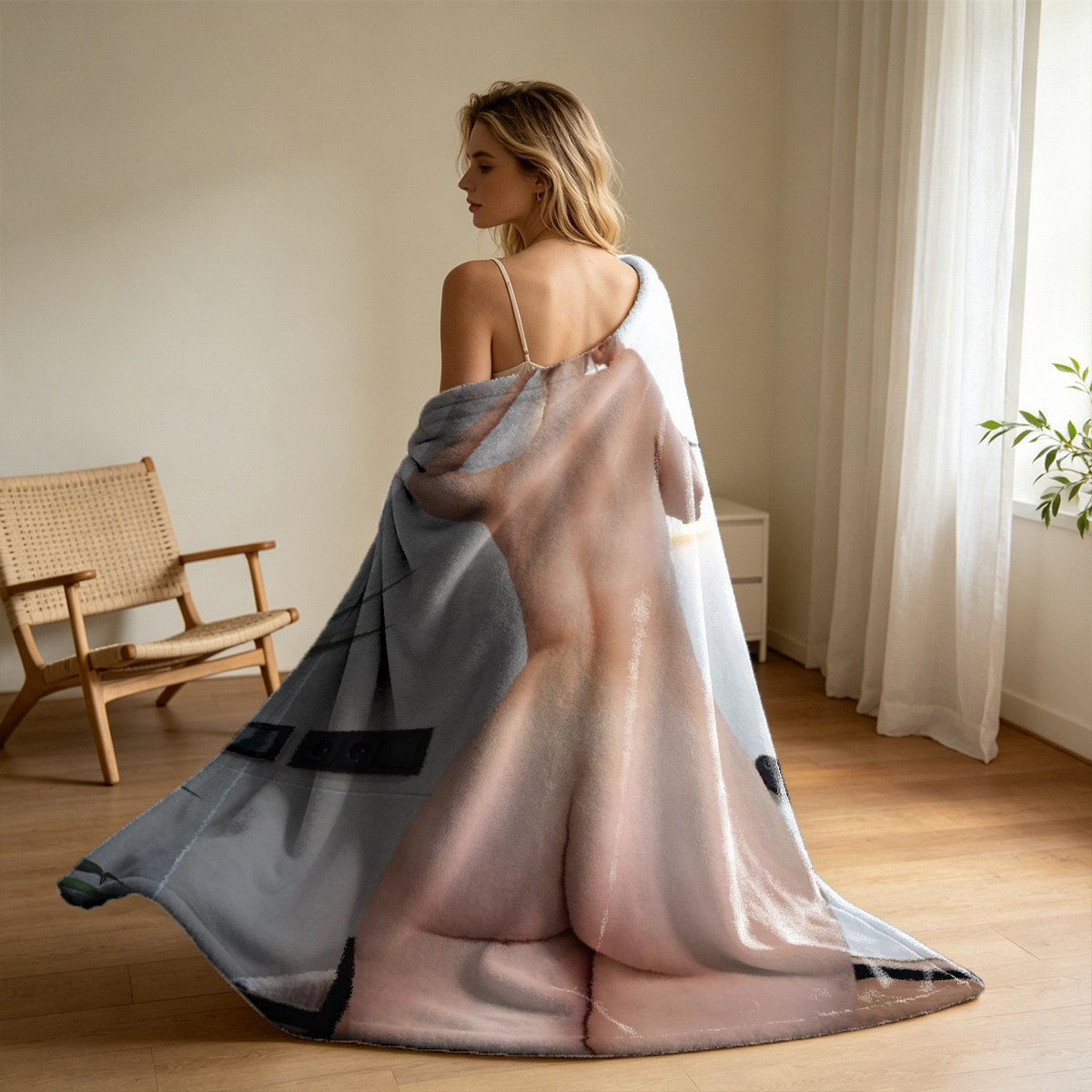 A woman in a sheer pink floral lingerie bodysuit stands with her back to the camera, looking at her reflection in a large ornate mirror. - Blanket