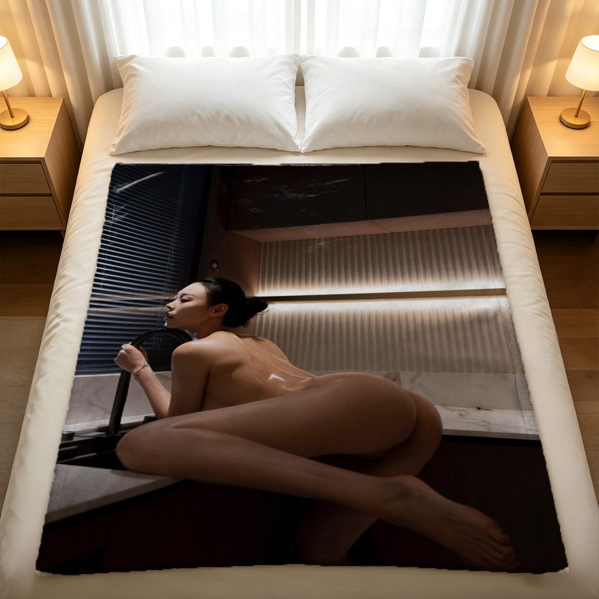 Rochelle in White Lace Corset and Pearl Jewelry, Seated Seductively in Ornate Chair - Blanket
