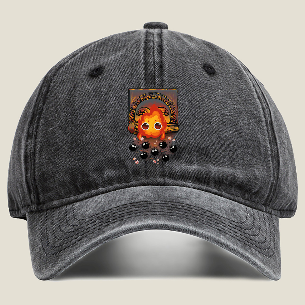 Cute Flame Character with Black Spiky Creatures and Ancient Mask Background - Washed Denim - Baseball Cap