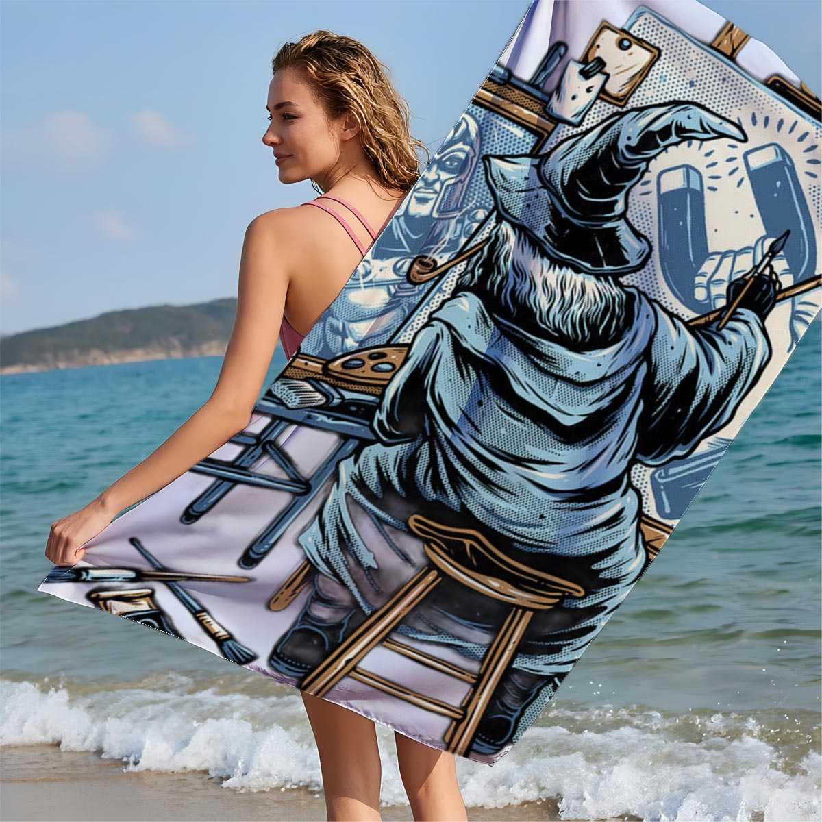 Wizard Artist Paints Loki on Canvas - Beach towels