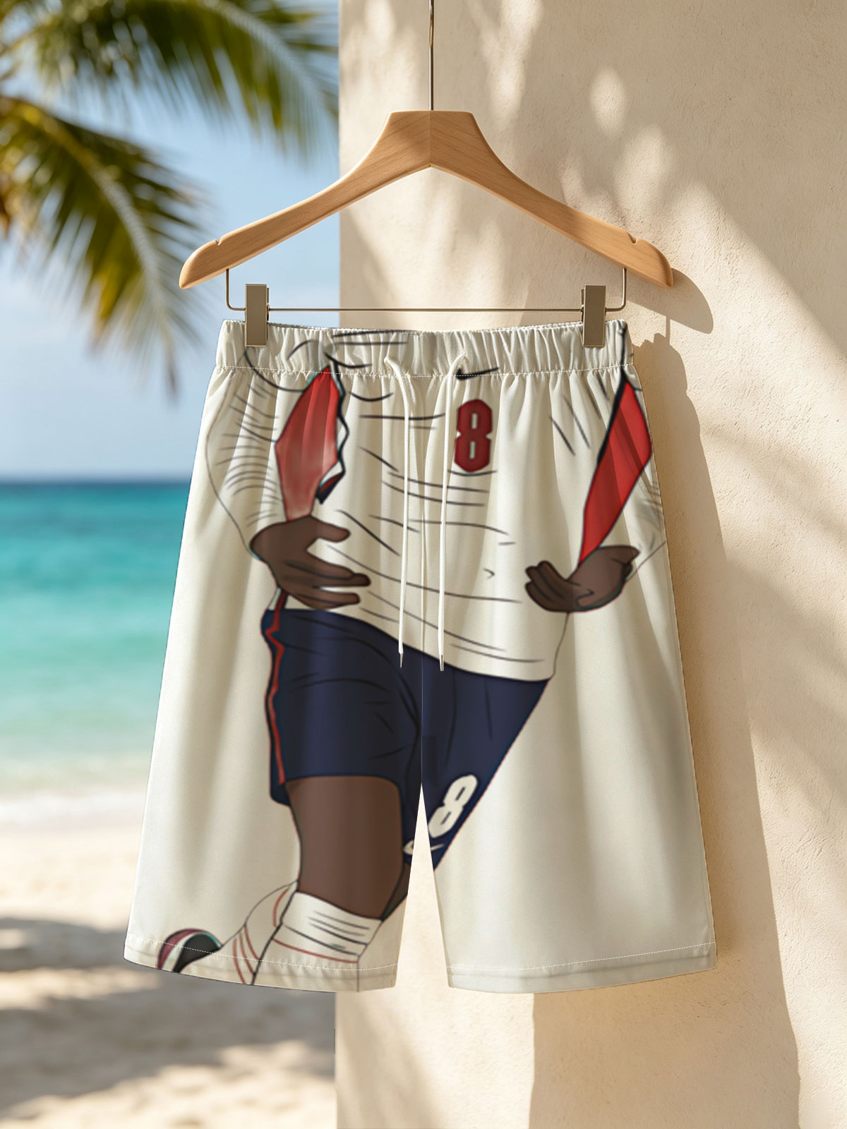 Soccer Player in White Jersey with Number 8 on Red Background -  Beach shorts