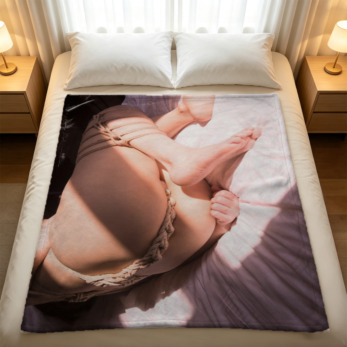 Nude woman kneeling on a rug, looking back over her shoulder in a modern interior. - Blanket