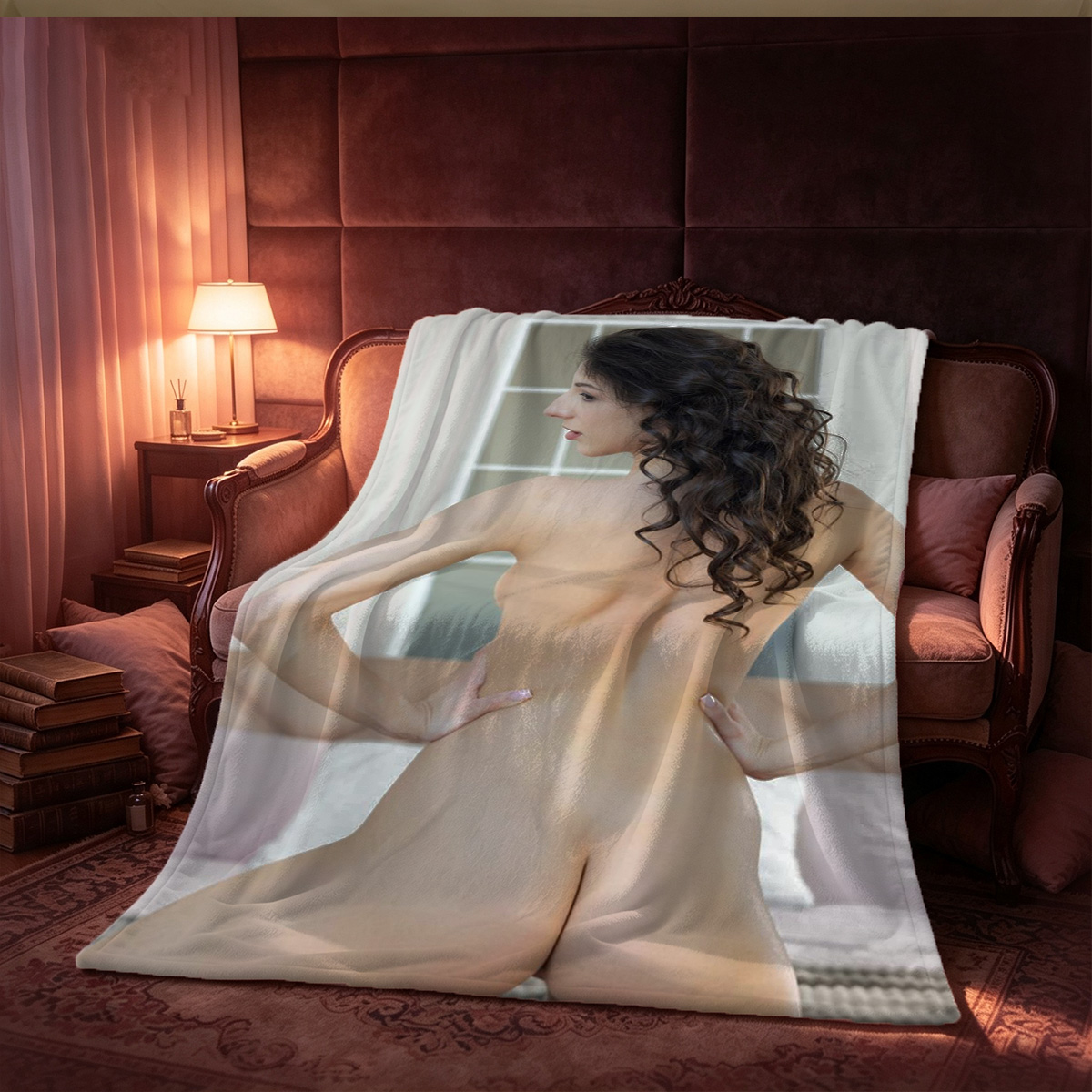 Redhead in black lingerie posing at night on bridge. - Blanket