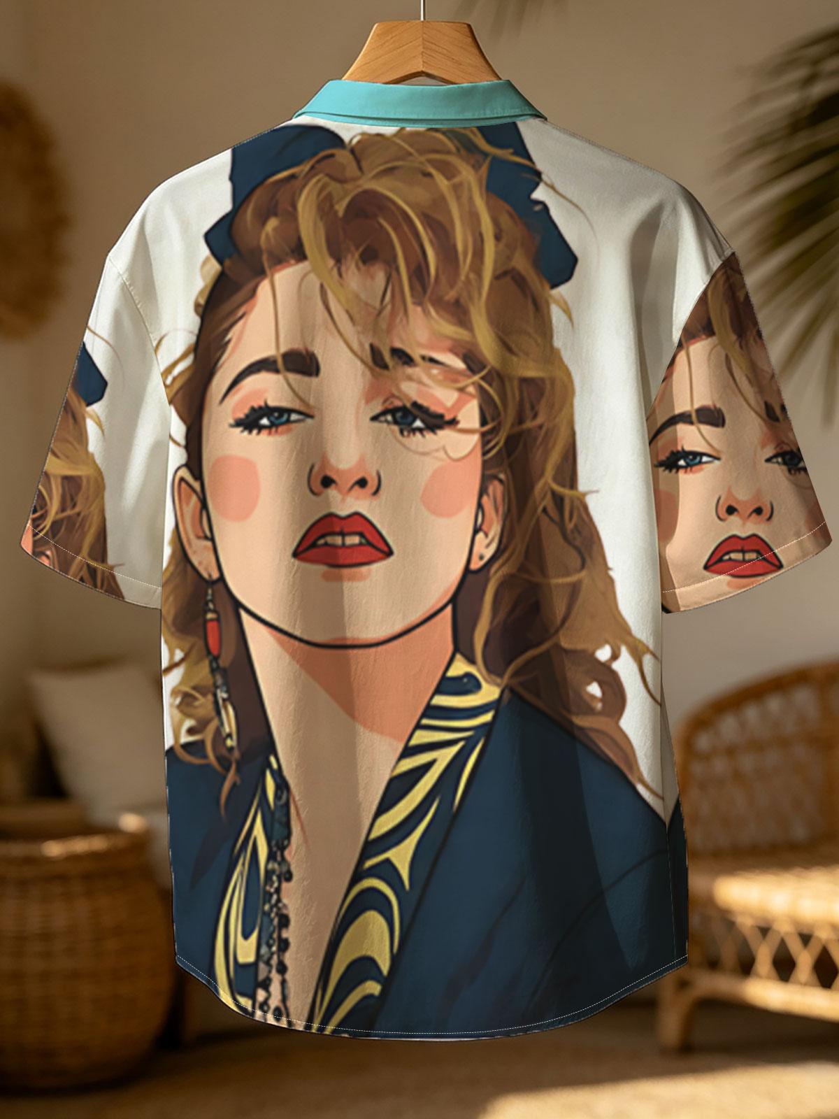 Portrait of a Woman with Blonde Hair and Blue Bow, Wearing a Navy Blue Top with Yellow Patterns -  Shirt