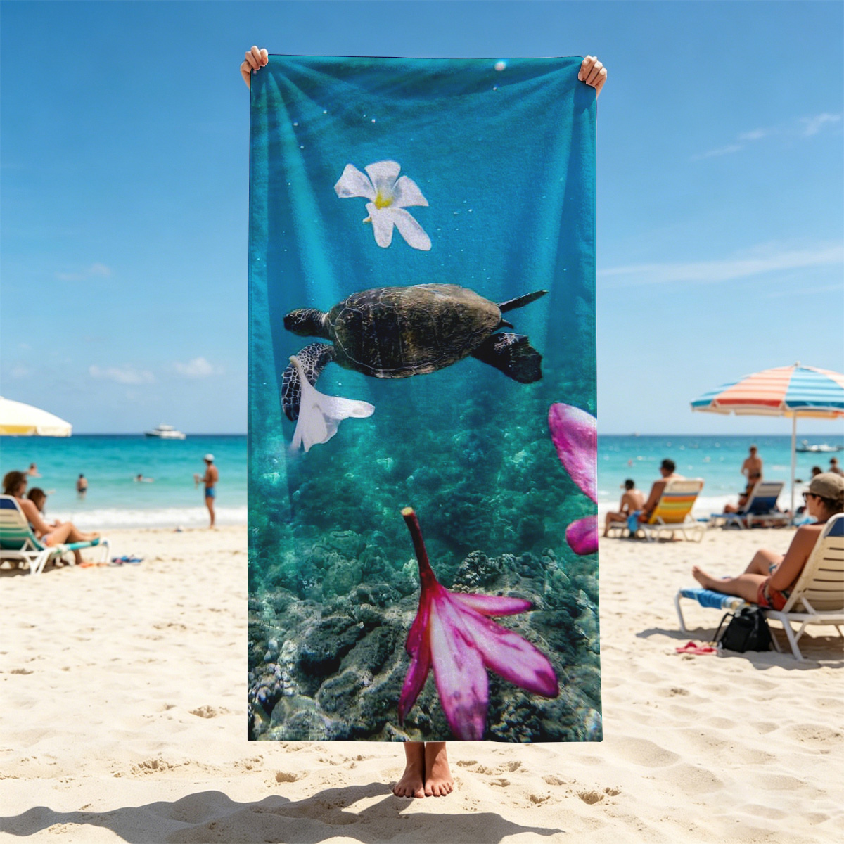 Sea Turtle Swimming Among Floating Flowers Underwater - Beach towels