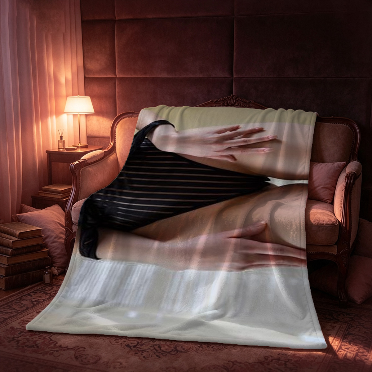 A seductive Chinese beauty in red sheer lingerie reading an ancient scroll. - Blanket