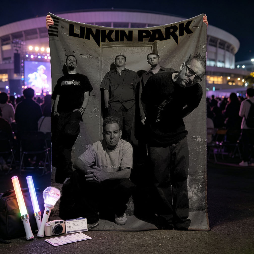 Linkin Park Band Members in a Grungy Urban Setting with Black and White Aesthetic - Blankets