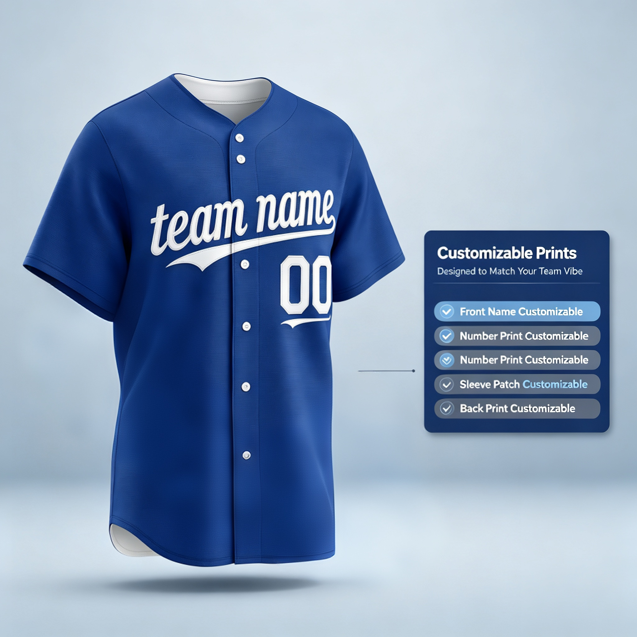Custom Printed Kansas City Style Baseball Jersey Royal Blue White Trim Button Down Shirt for Men and Women