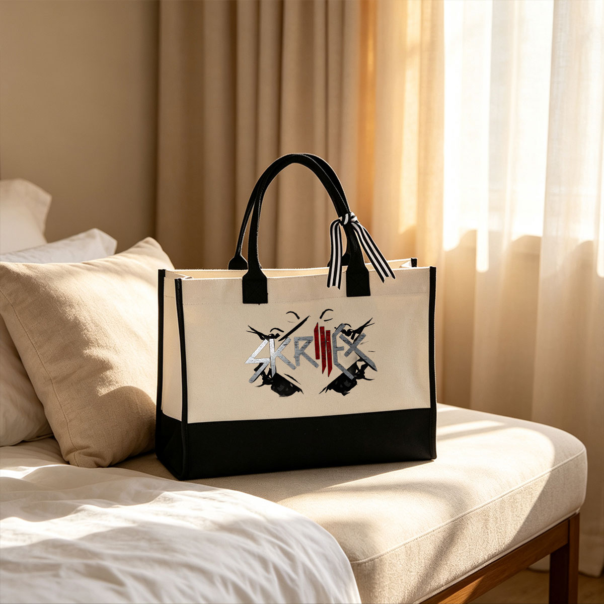 Skrillex Logo Design with Distressed Text and Red Accents - Canvas patchwork gift tote bag