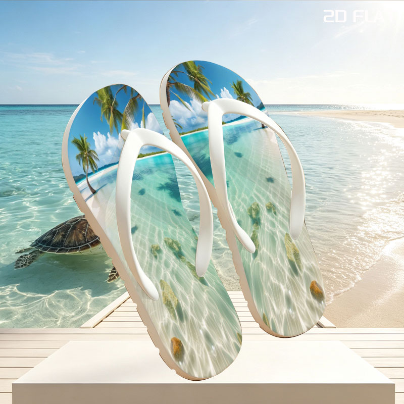 Serene tropical beach with crystal clear water and palm trees -  flip-flops