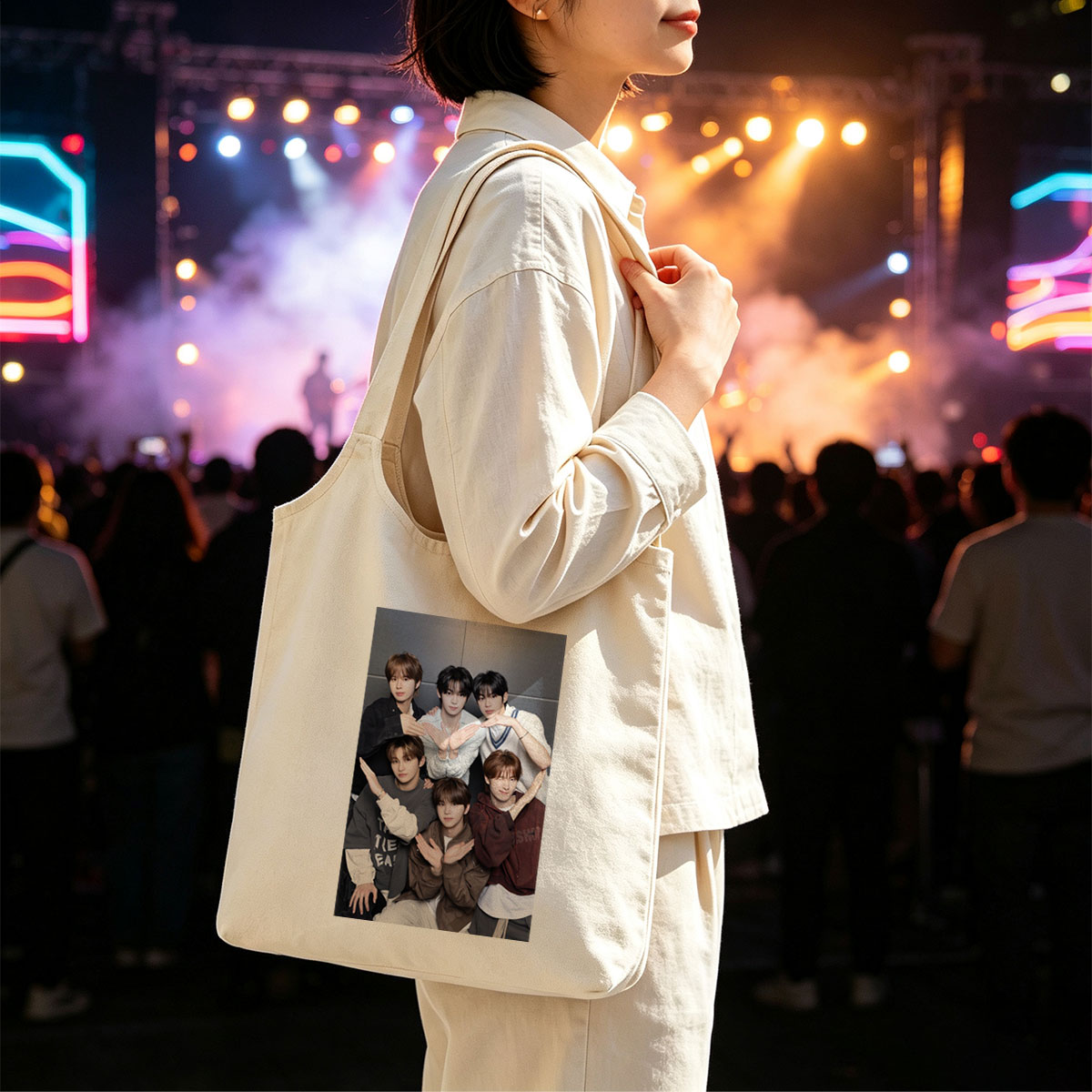 NCT Dream Group Photo - Six Members Posing Together with Hand Gestures in Casual Outfits - Canvas shoulder bags/