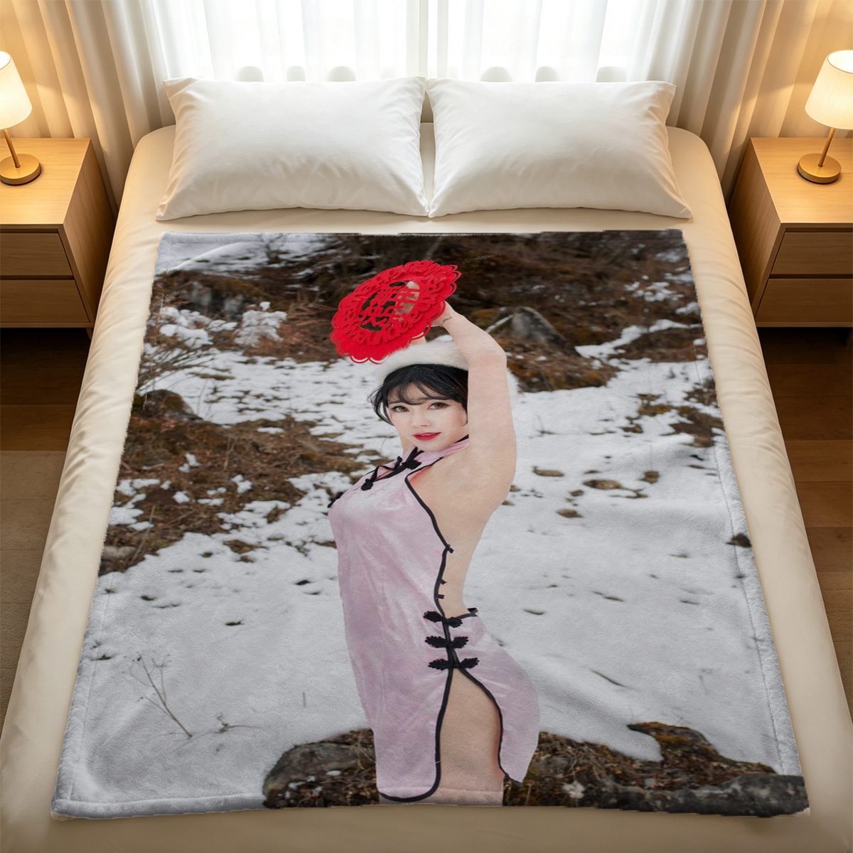 A brunette model in a tight black sparkly one-shoulder mini dress posing seductively against a wall. - Blanket