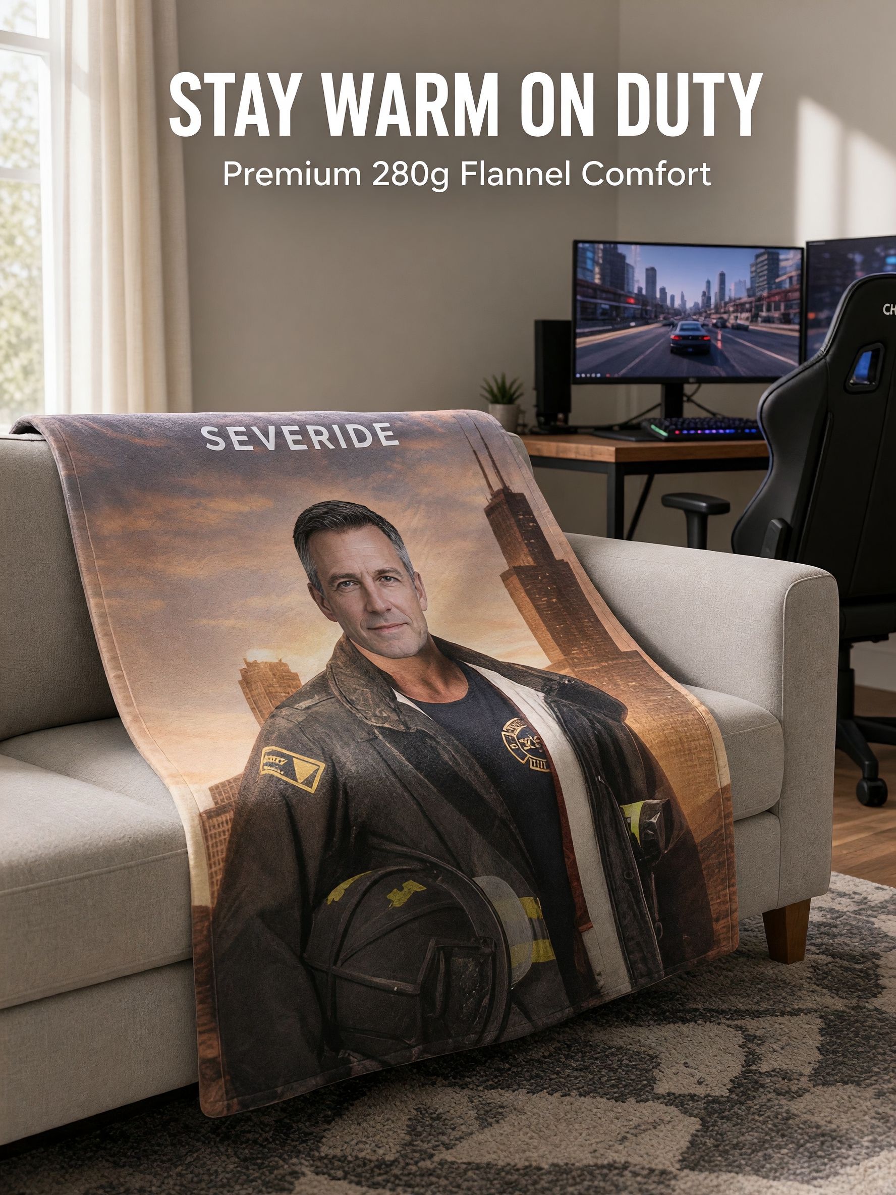 Custom Face Blanket Personalized Firefighter Portrait Flannel Fleece Throw, Ideal Cozy Gift for Bed and Couch