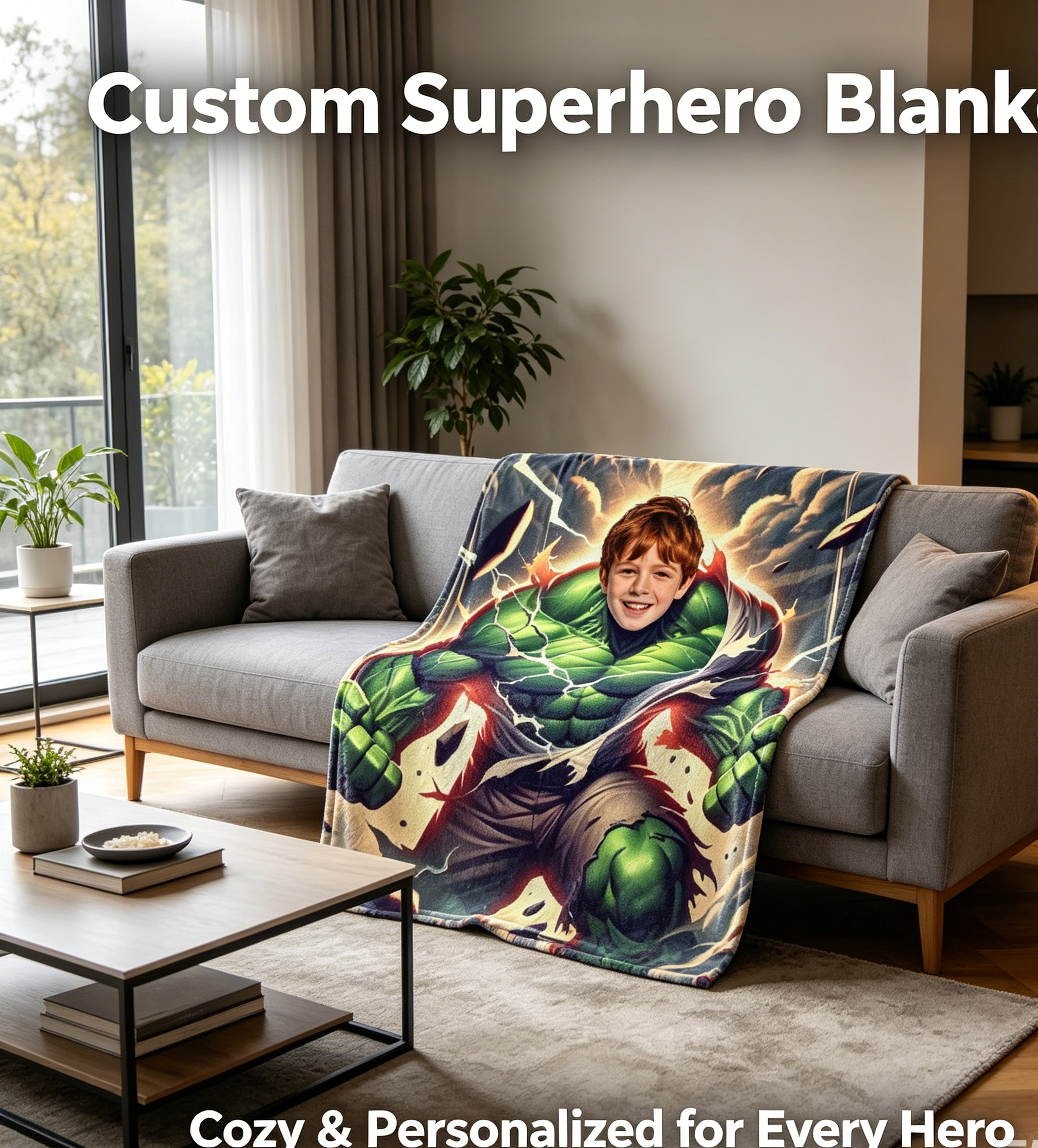 Custom Incredible Hulk Personalized Photo Flannel Blanket, Upload Kid Face Superhero 280GSM Throw Blanket, Unique Birthday Gift for Boys