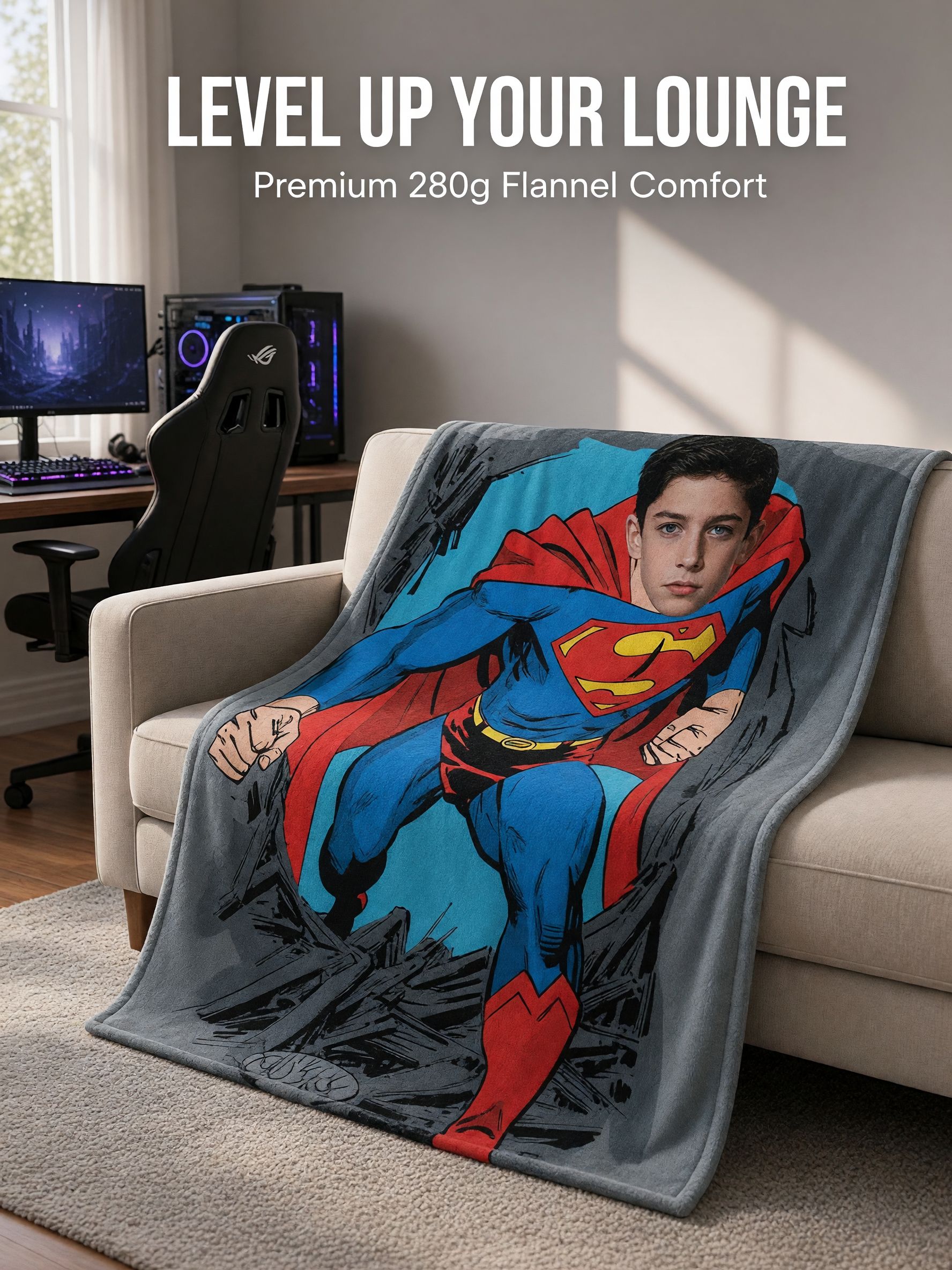Custom Superhero Face Photo Blanket Ultra Soft Flannel Fleece Throw Ideal Personalized Gift