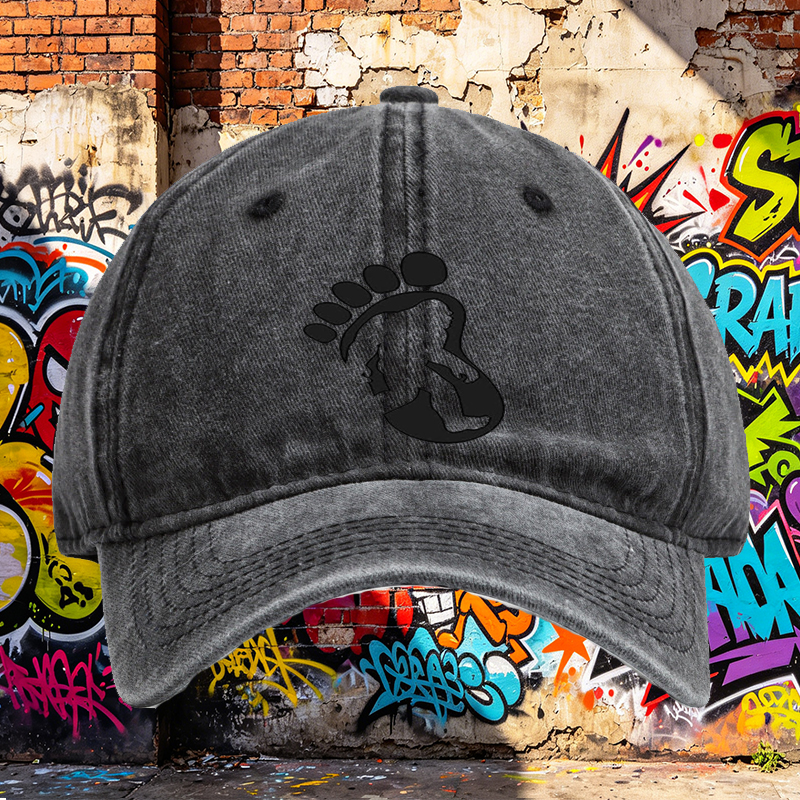Unisex Classic Washed Cap with Bigfoot Silhouette Print - Outdoor Adventure Hat for Hiking, Camping, and Nature Enthusiasts