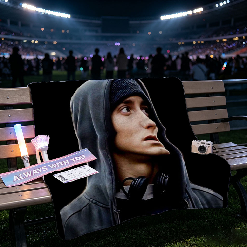 Eminem in Hoodie with Parental Advisory Label on Black Background - Blankets