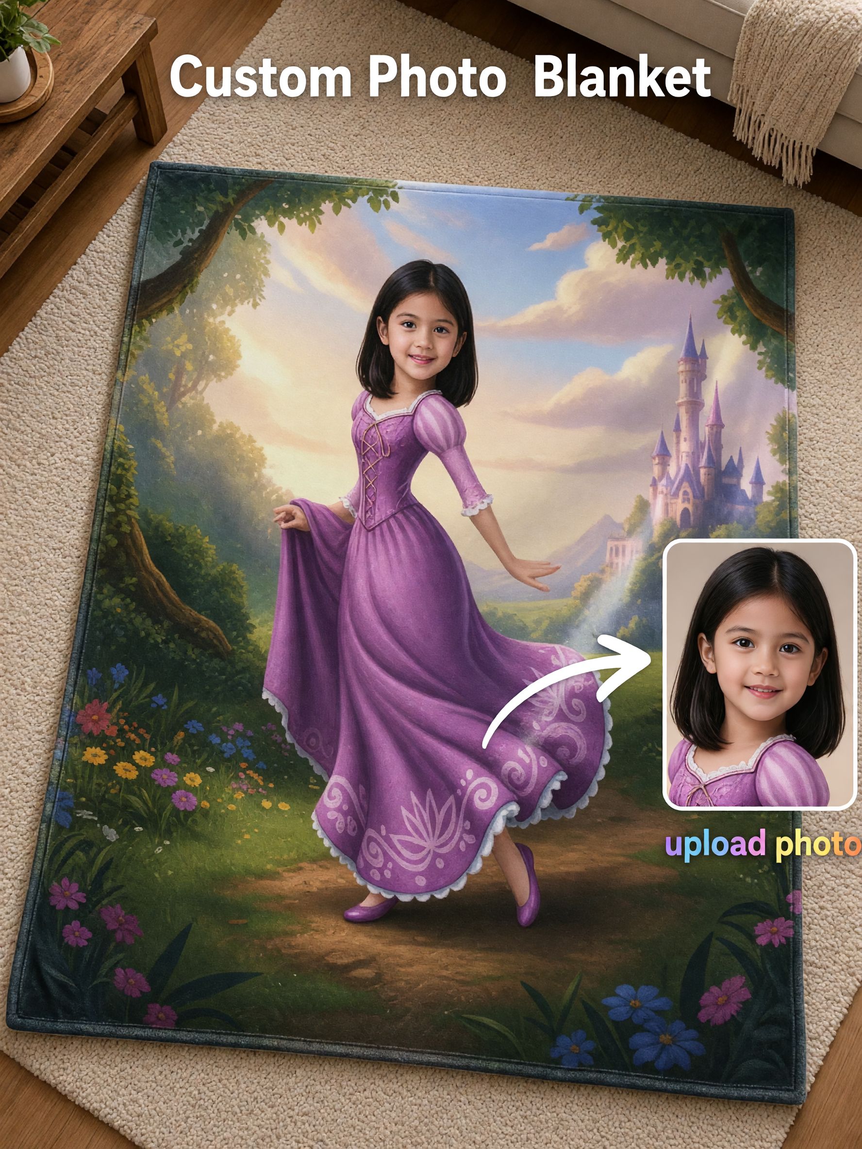 Custom Face Photo Flannel Blanket, Personalized Fairytale Princess Castle Throw, Ideal Keepsake Gift