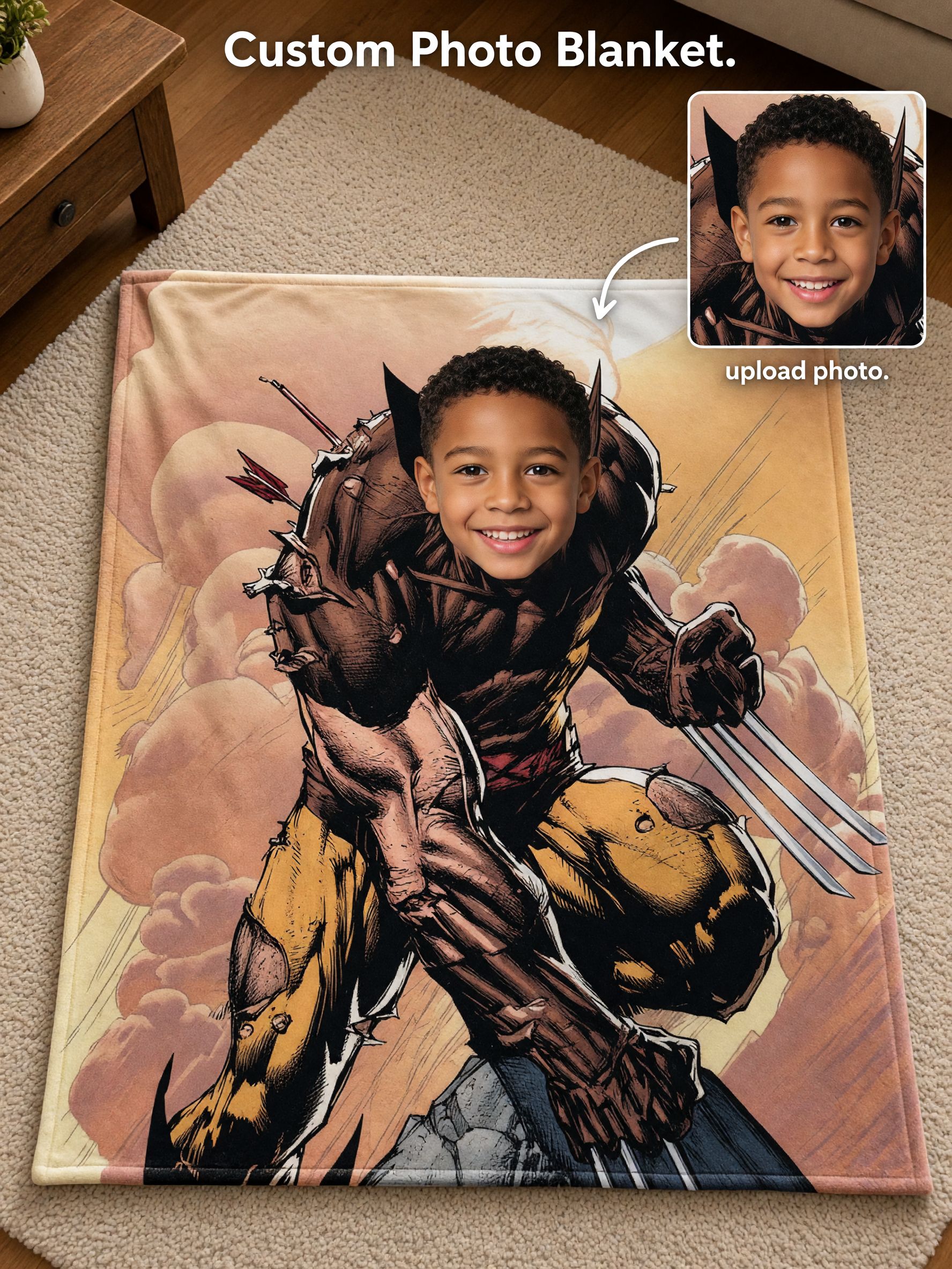 Custom Superhero Face Blanket, Personalized Comic Character Flannel Throw, Ideal Photo Gift for Kids and Comic Fans