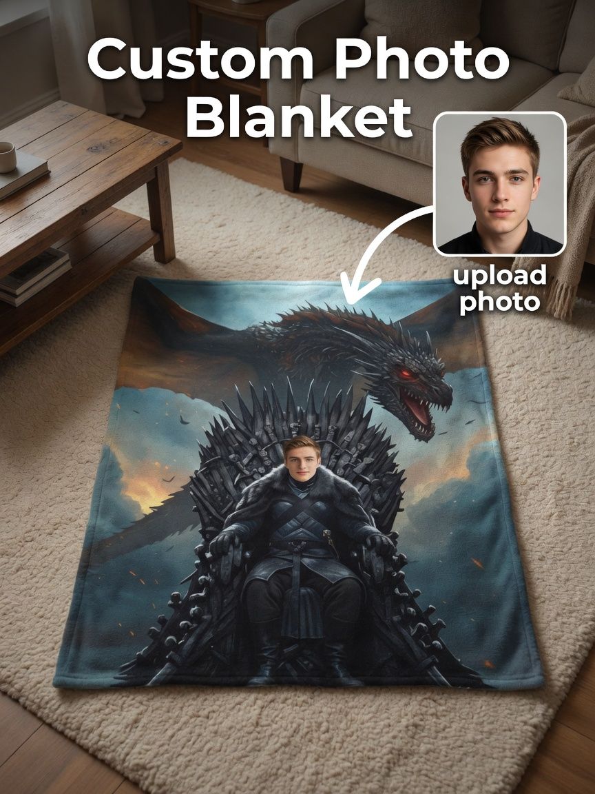 Custom Photo Blanket Personalized Face Flannel Throw Ultra Soft Fleece Couch Travel Keepsake Gift for Fantasy Fans
