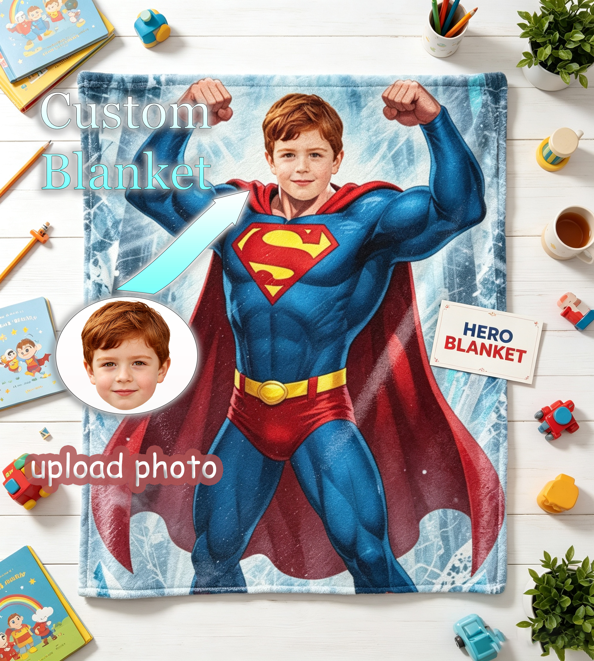 Custom Superhero Kids Blanket, 280g Flannel Personalized Photo Blanket, Soft Warm Anti-Pilling Throw Blanket for Boys Birthday Gifts