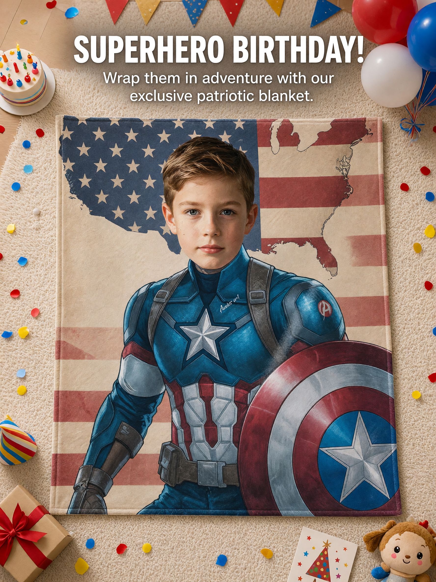 Custom Face Superhero Flannel Blanket Personalized Photo Throw Soft Patriotic Hero Bedding Gift for Kids and Adults