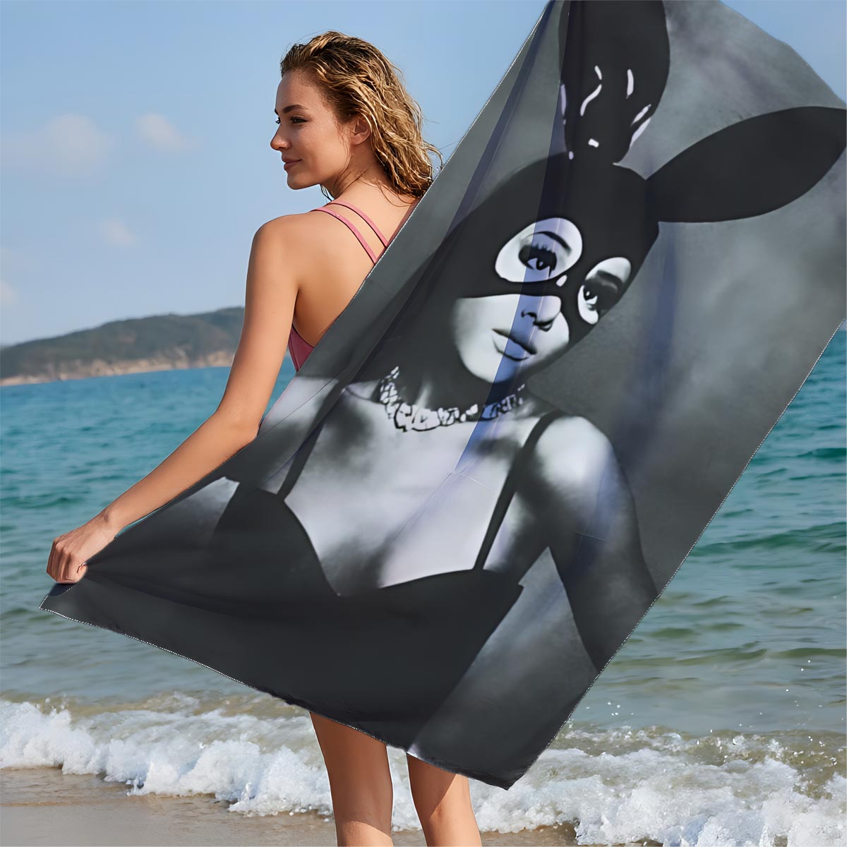 Bunny Masked Woman in Black Dress with Pearl Necklace - Beach towels