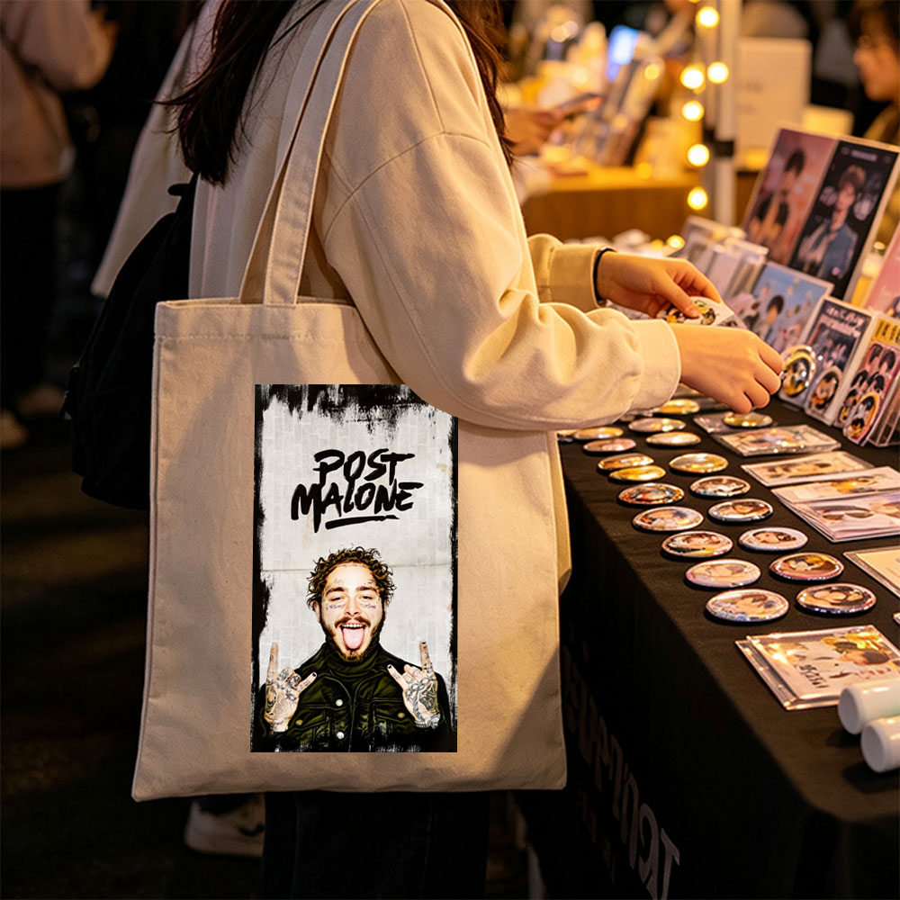Post Malone Rocking the Peace Sign with Tongue Out in a Tattooed, Edgy Look - Canvas tote bags