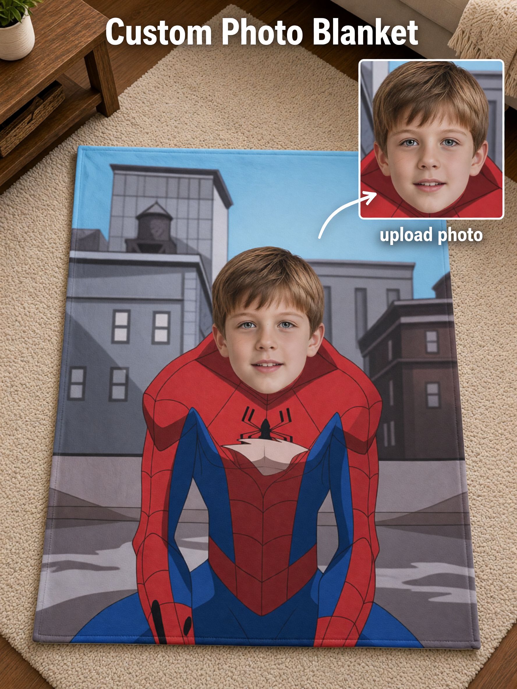 Custom Photo Face Superhero Blanket, Personalized Soft Flannel Throw for Kids, Ideal Cozy Gift for Bed and Couch