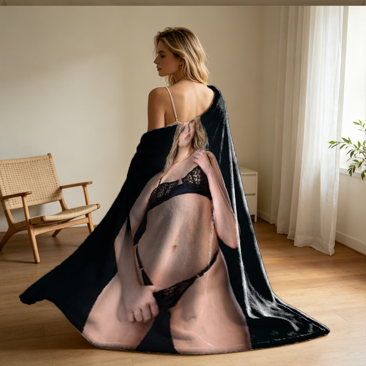 Two Women in Lingerie Kissing on Couch - Blanket