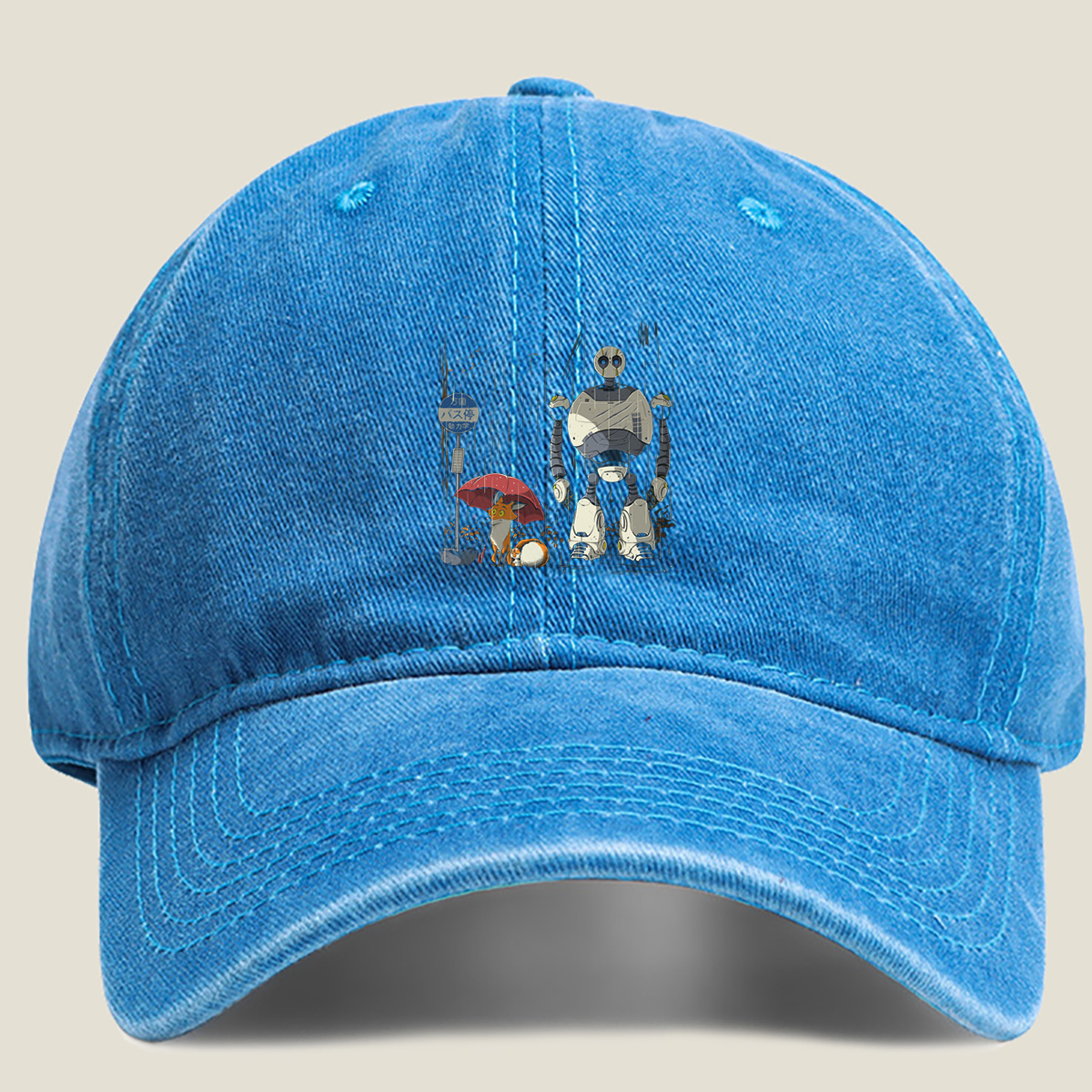 Fox and Robot Wait in the Rain - Washed Denim - Baseball Cap