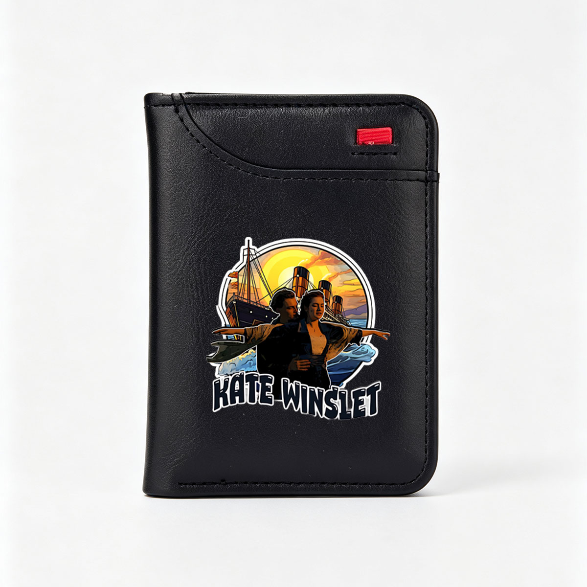 Kate Winslet as Rose in Titanic with Leonardo DiCaprio, iconic ship scene at sunset - Vertical Style Wallet