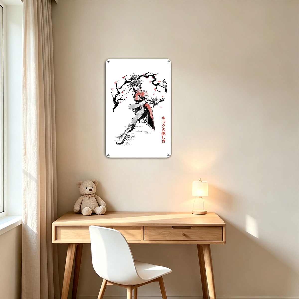 Chun-Li from Street Fighter in a dynamic kick pose with cherry blossoms and a bird, showcasing martial arts elegance - painting