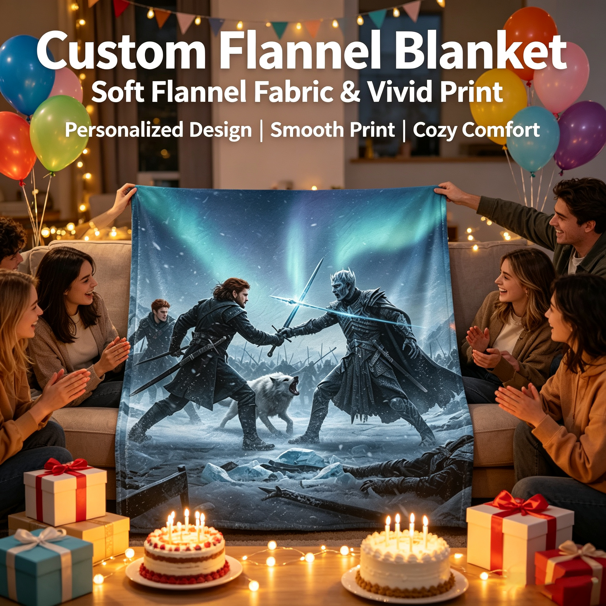 Custom Face Blanket Game of Thrones Night King Battle Scene Flannel Blanket Cozy Winter Bedding Gift for Fans