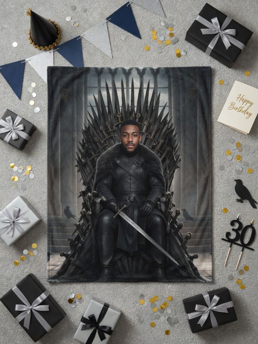 Custom Face Photo Flannel Blanket Personalized Fantasy Throne Warrior Throw for Couch Bed Cozy Novelty Gift