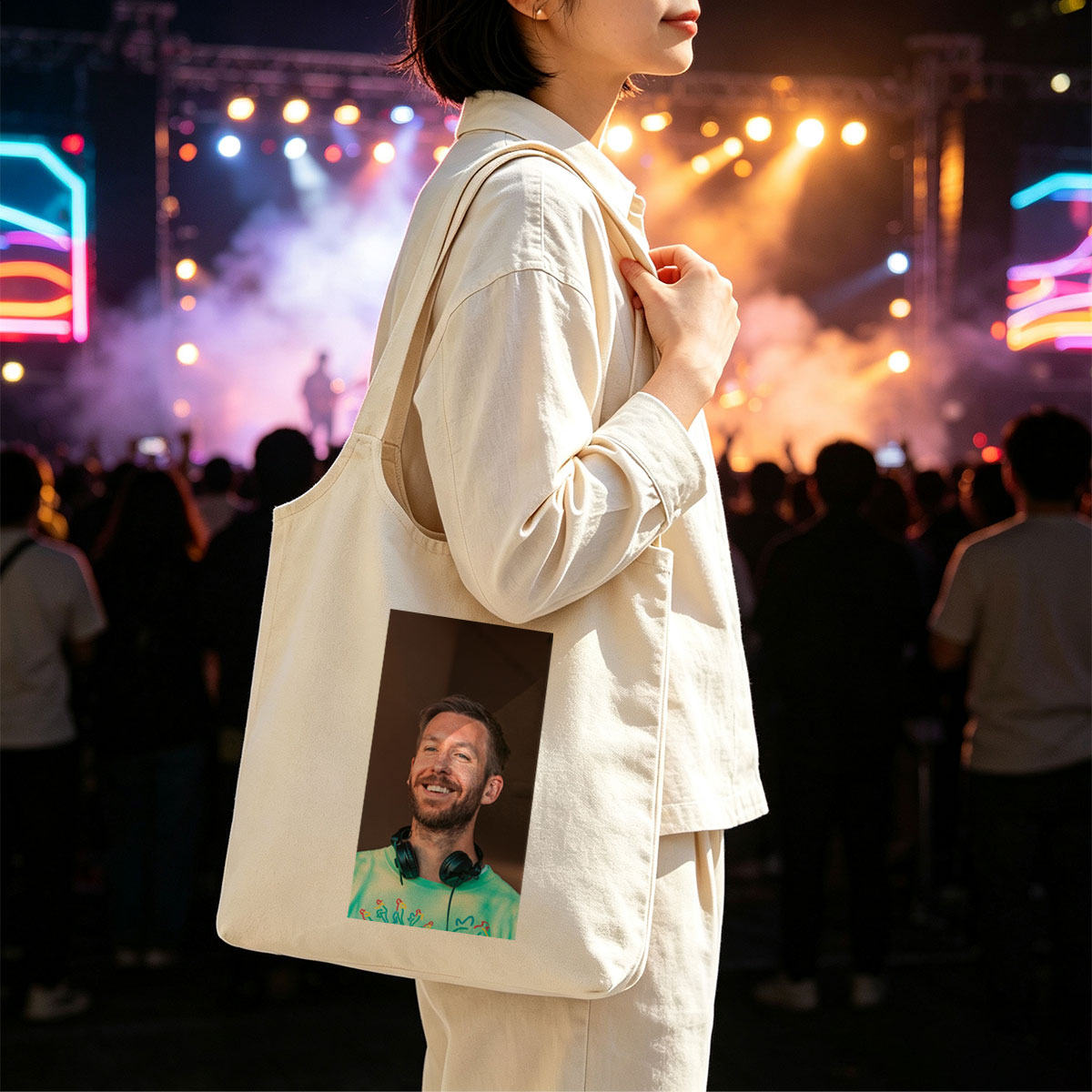 Calvin Harris at Music Festival Wearing Green Tie-Dye Shirt and Headphones - Canvas shoulder bags/