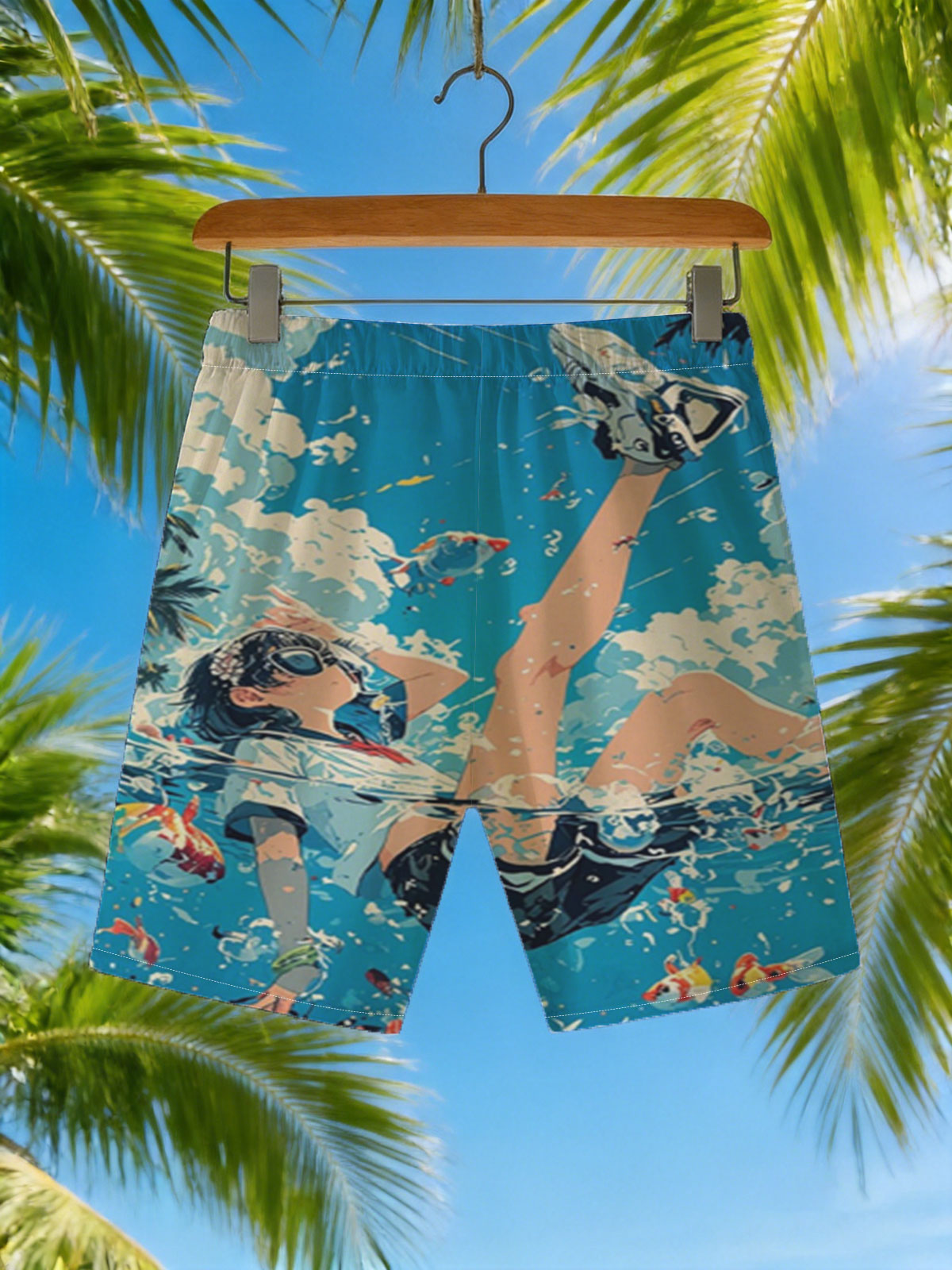 Girl floating in water with koi fish and palm trees under blue sky -  Beach shorts