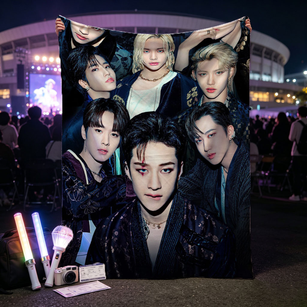 Stray Kids Group Portrait in Dark Elegant Attire with Intense Expressions - Blankets