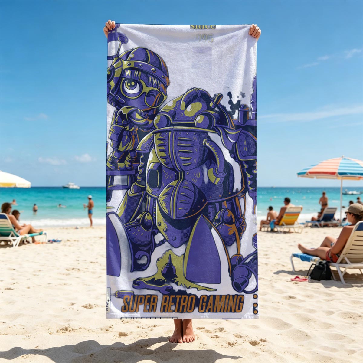 Super Retro Gaming: Robo Warrior and Mech Pilot in Purple Armor, Since 1995, SquareGames, RC Art - Beach towels