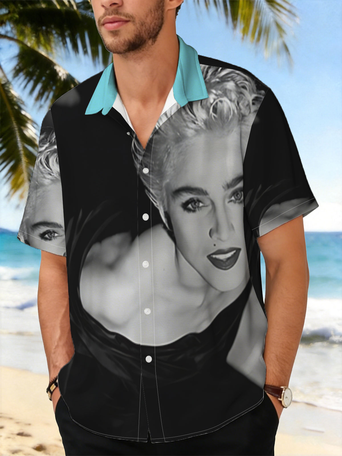 Madonna in a striking black and white portrait, showcasing bold makeup and voluminous blonde hair. -  Shirt
