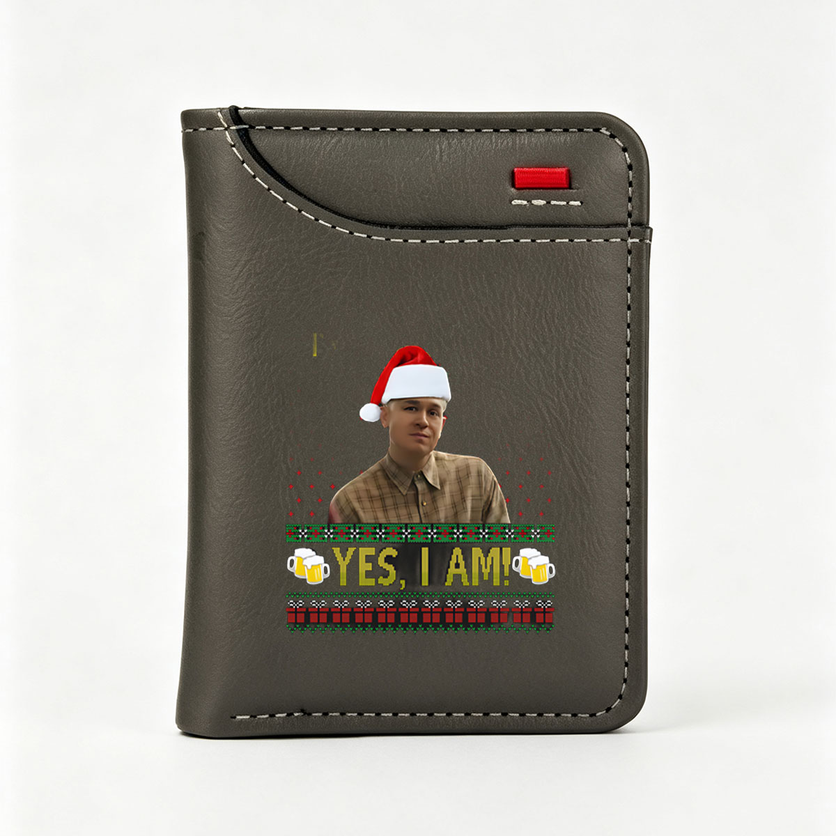 Yes, I Am! - Santa Hat Man in Plaid Shirt with Festive Beer Mugs and Christmas Pattern Background - Vertical Style Wallet